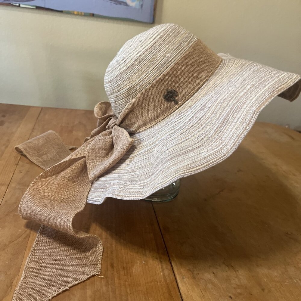 BEACH SUN HAT SUN N' SAND Poly Braid UPF Protection 5" BRIM BOW Palm Tree Wired